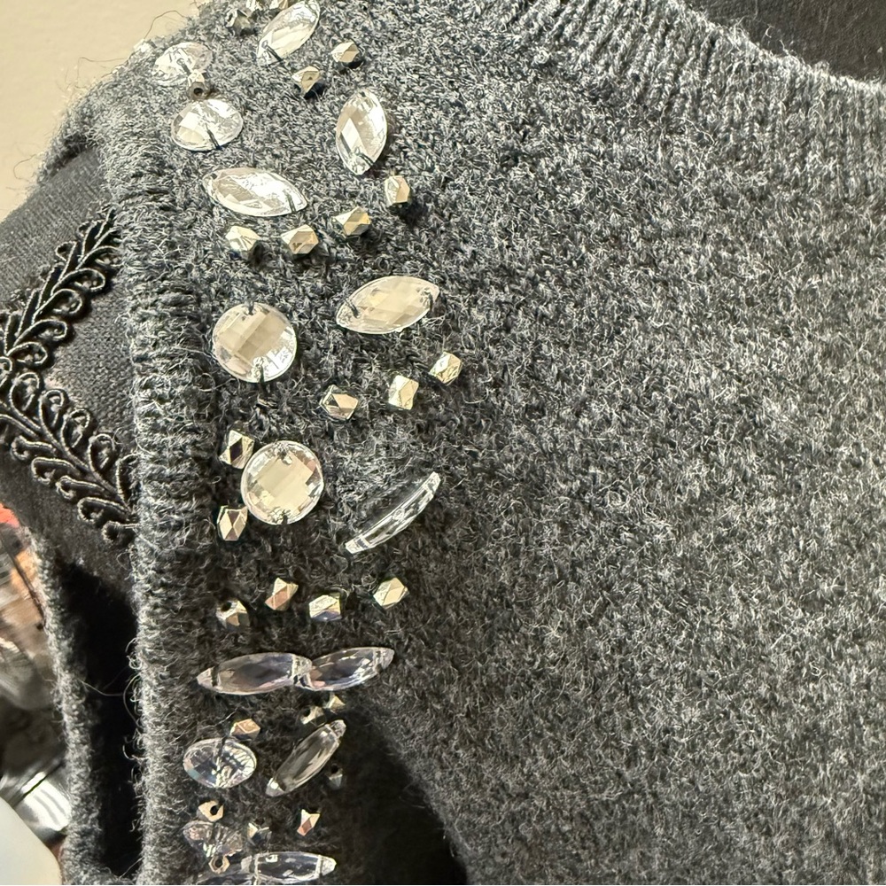 INC Gray Embellished Cutout Shoulder Sweater L Sparkle Detail Winter Chic - Picture 5 of 9